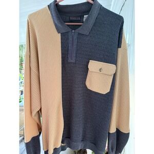 Private Club Mens 2X Colorblock Waffle Knit Quarter Zip Polo Shirt Tan Grey